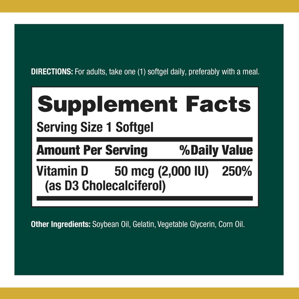 Supplement facts label for a Vitamin D supplement with green background and white text.