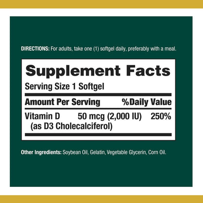 Supplement facts label for a Vitamin D supplement with green background and white text.
