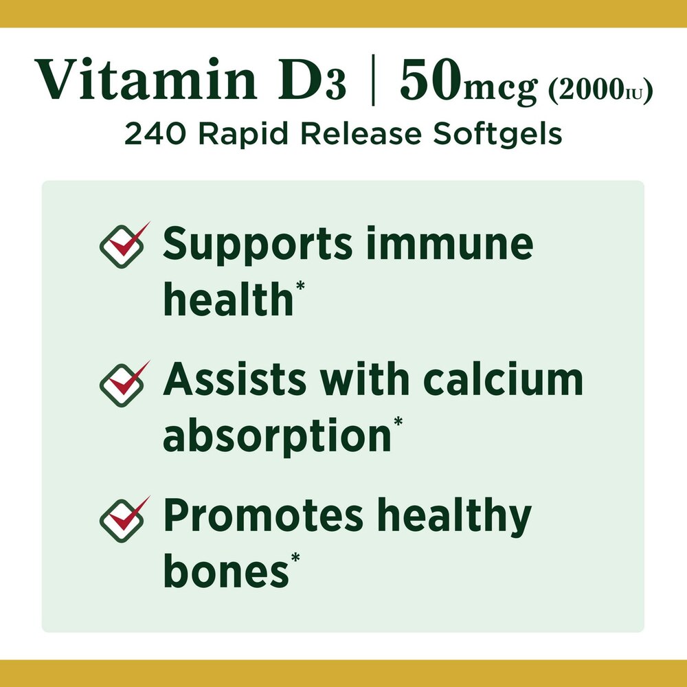 Vitamin D3 supplement label with benefits listed on a green background