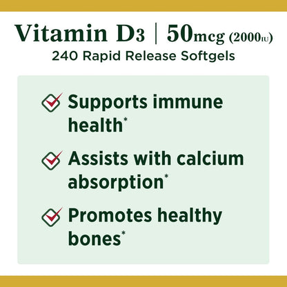 Vitamin D3 supplement label with benefits listed on a green background