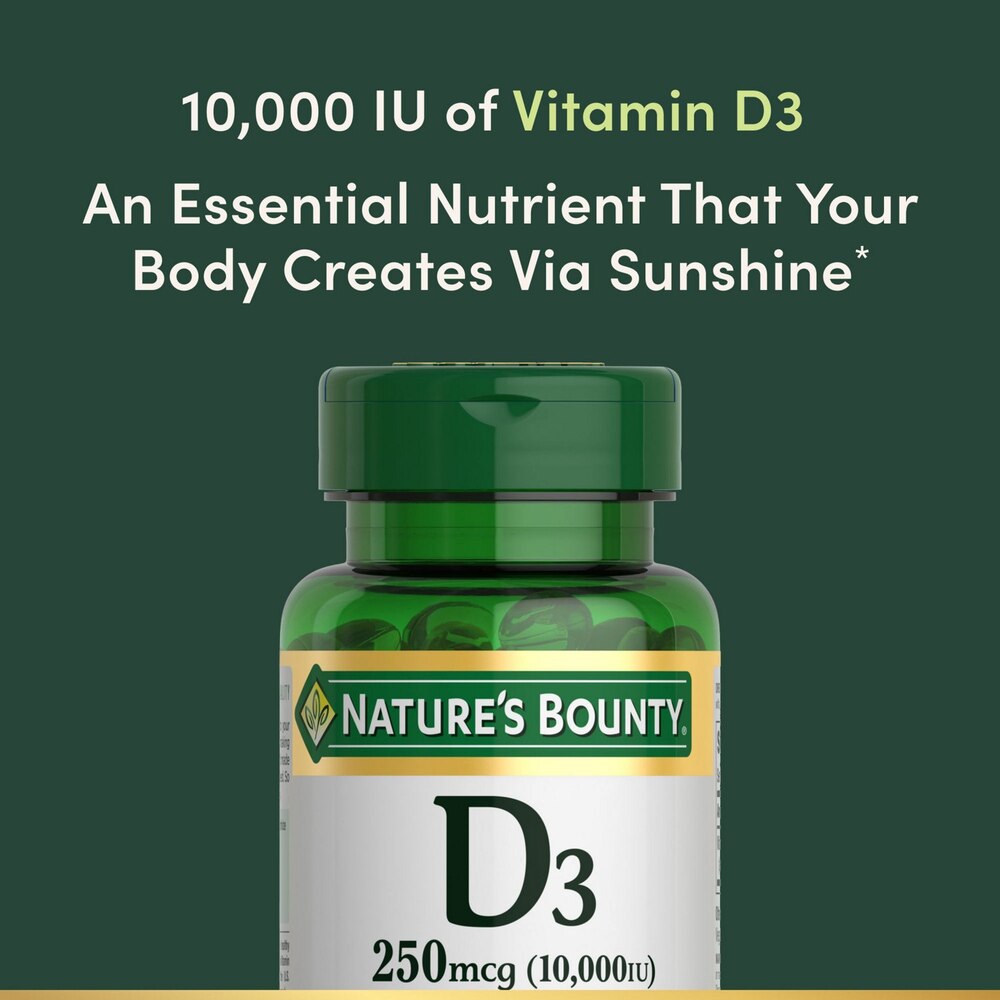 Nature's Bounty Vitamin D3 supplement bottle on a green background with text about vitamin D3.