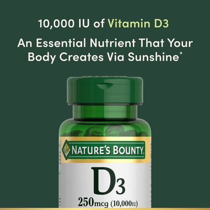 Nature's Bounty Vitamin D3 supplement bottle on a green background with text about vitamin D3.