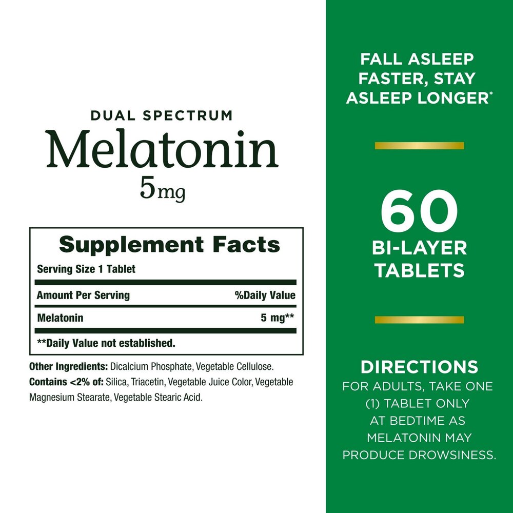Melatonin supplement packaging with text and graphics on a white background
