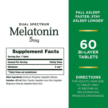 Melatonin supplement packaging with text and graphics on a white background