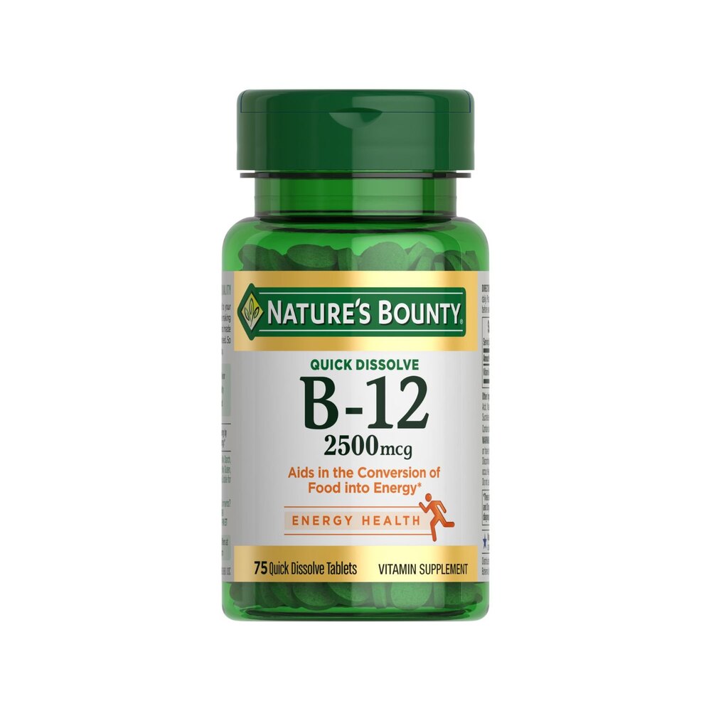 Nature's Bounty B-12 supplement bottle on a white background