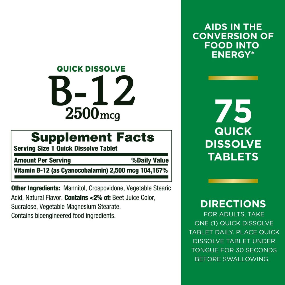 B-12 supplement label with quick-dissolve tablets on a green background
