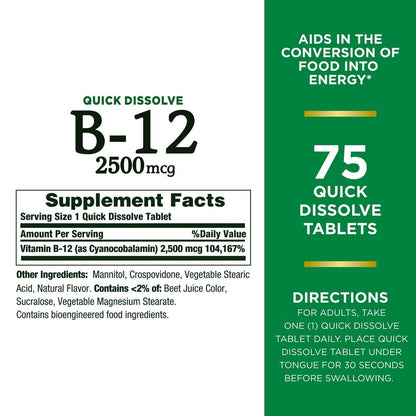 B-12 supplement label with quick-dissolve tablets on a green background