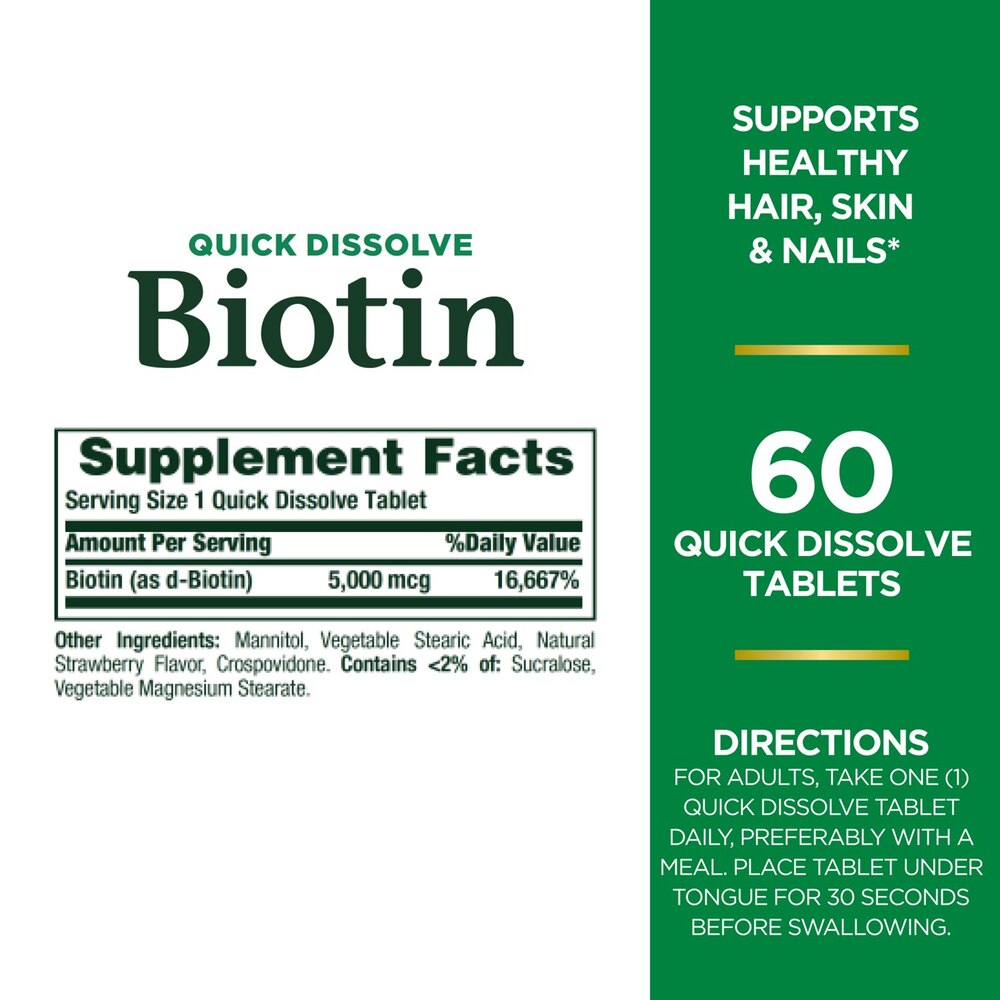 Biotin supplement label with text and green background