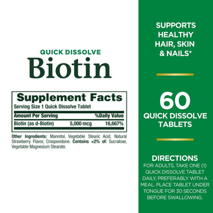Biotin supplement label with text and green background