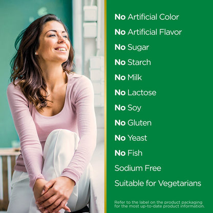 Woman sitting outdoors with a list of product attributes on a green background