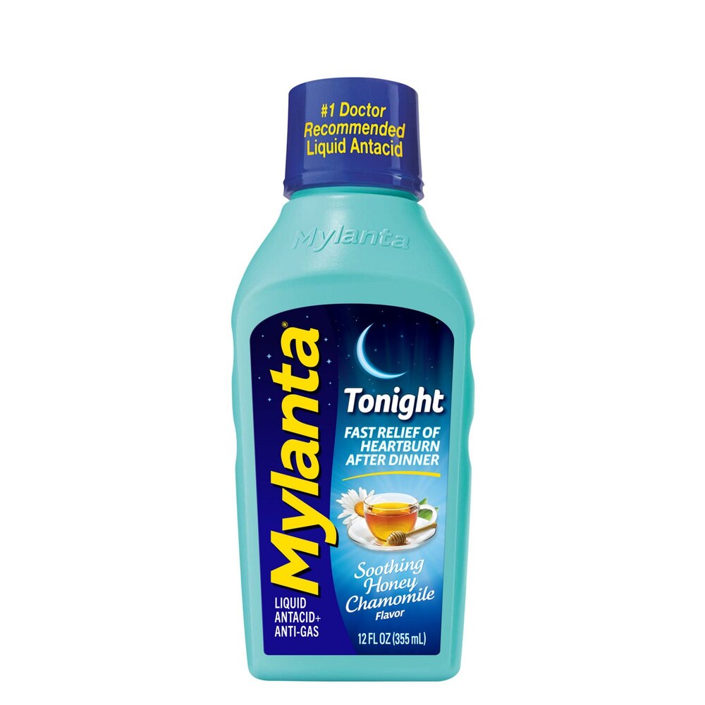 Mylanta Tonight liquid antacid bottle on a white background