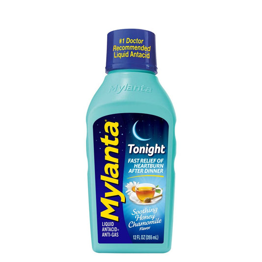 Mylanta Tonight liquid antacid bottle on a white background