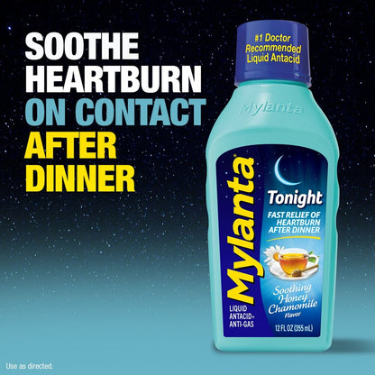 Mylanta Tonight liquid antacid bottle with promotional text on a starry night background