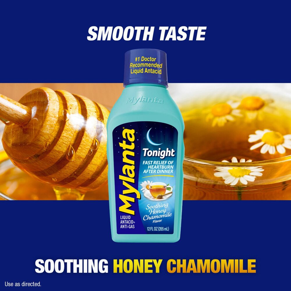 Mylanta Tonight bottle with honey and chamomile tea on a blue background