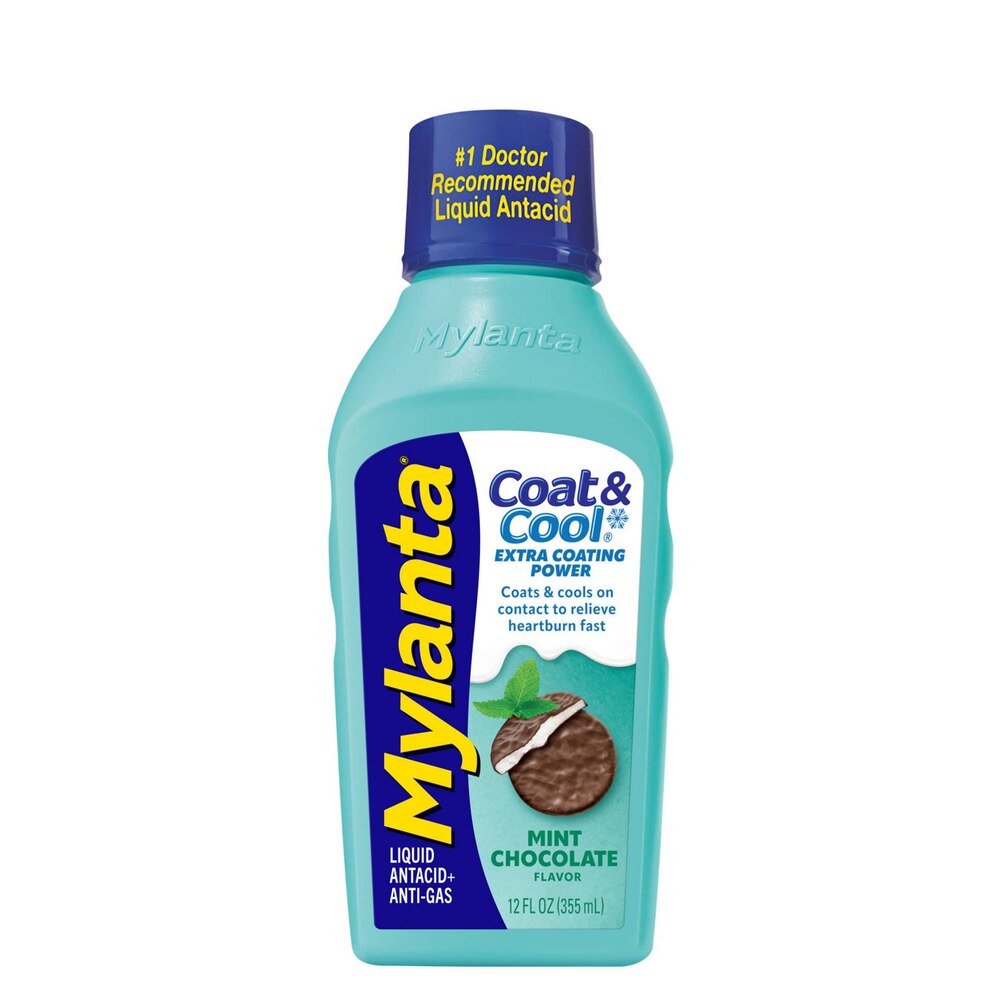 Mylanta Coat & Cool liquid antacid bottle on a white background