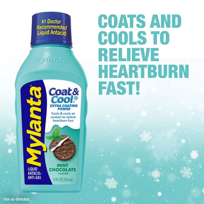 Mylanta Coat & Cool liquid antacid bottle with text on a light blue background