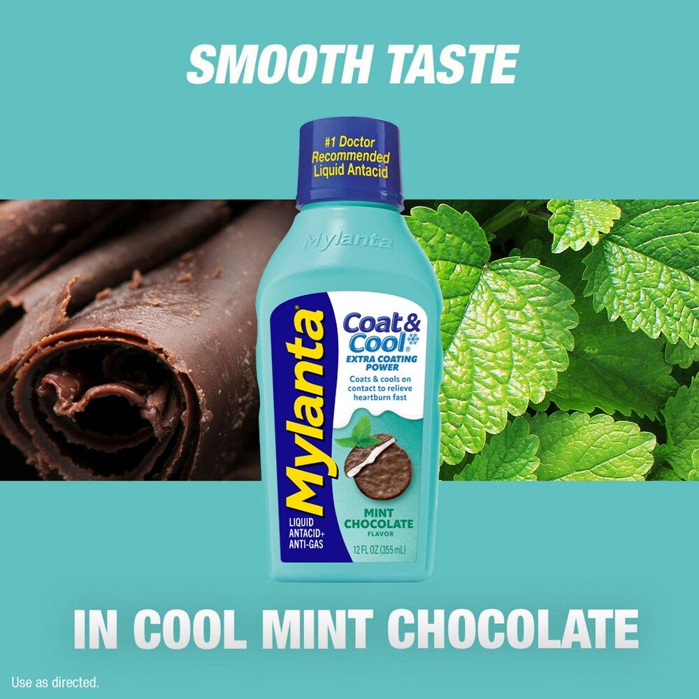 Mylanta Coat & Cool bottle with mint and chocolate elements on a teal background