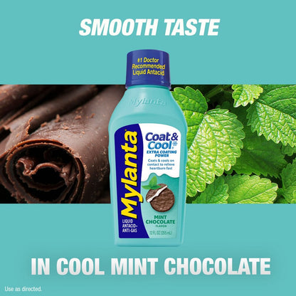 Mylanta Coat & Cool bottle with mint and chocolate elements on a teal background