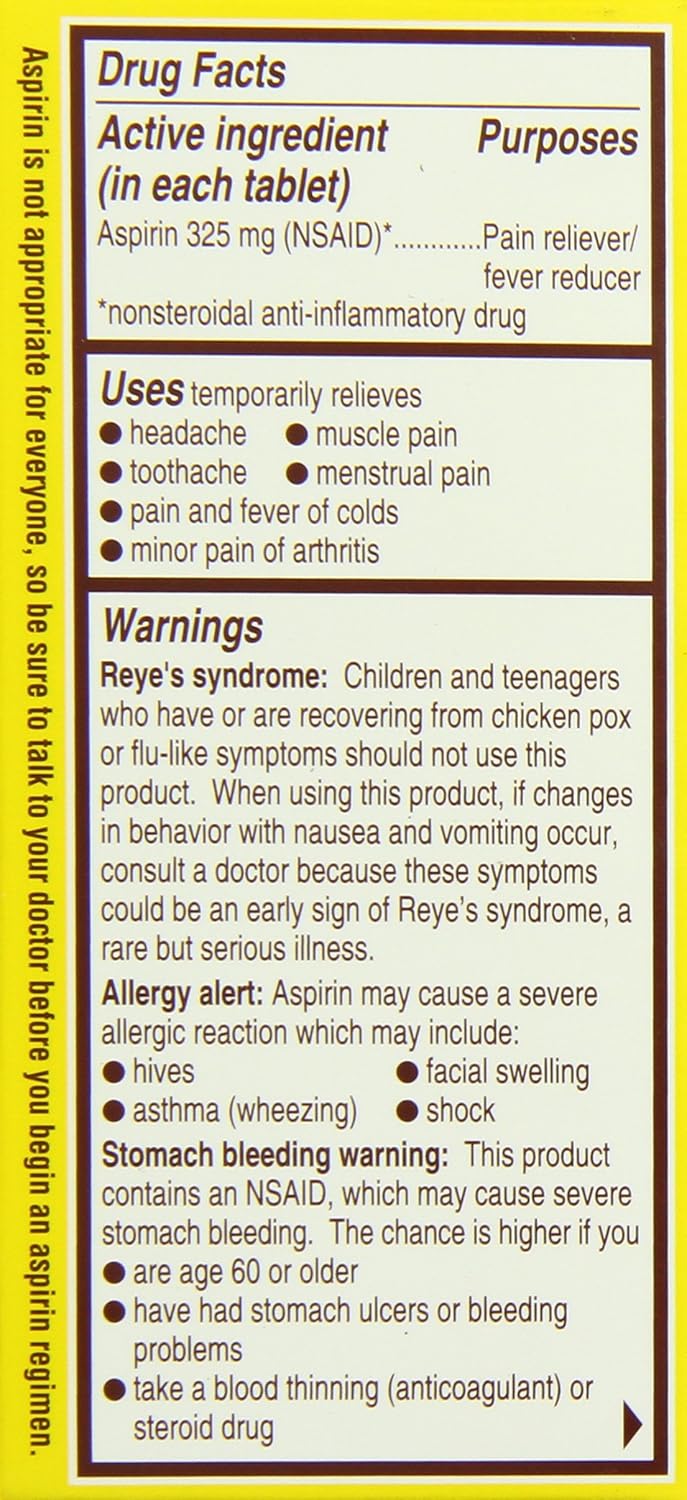 Drug facts label for a pain reliever tablet with active ingredient Aspirin 325 mg.
