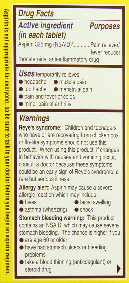 Drug facts label for a pain reliever tablet with active ingredient Aspirin 325 mg.