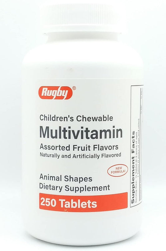 Children's Chewable Multivitamin bottle with Rugby brand on a white background