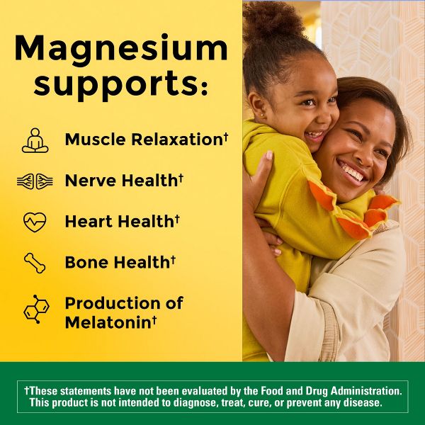 Woman holding a child with text about magnesium benefits on a yellow background