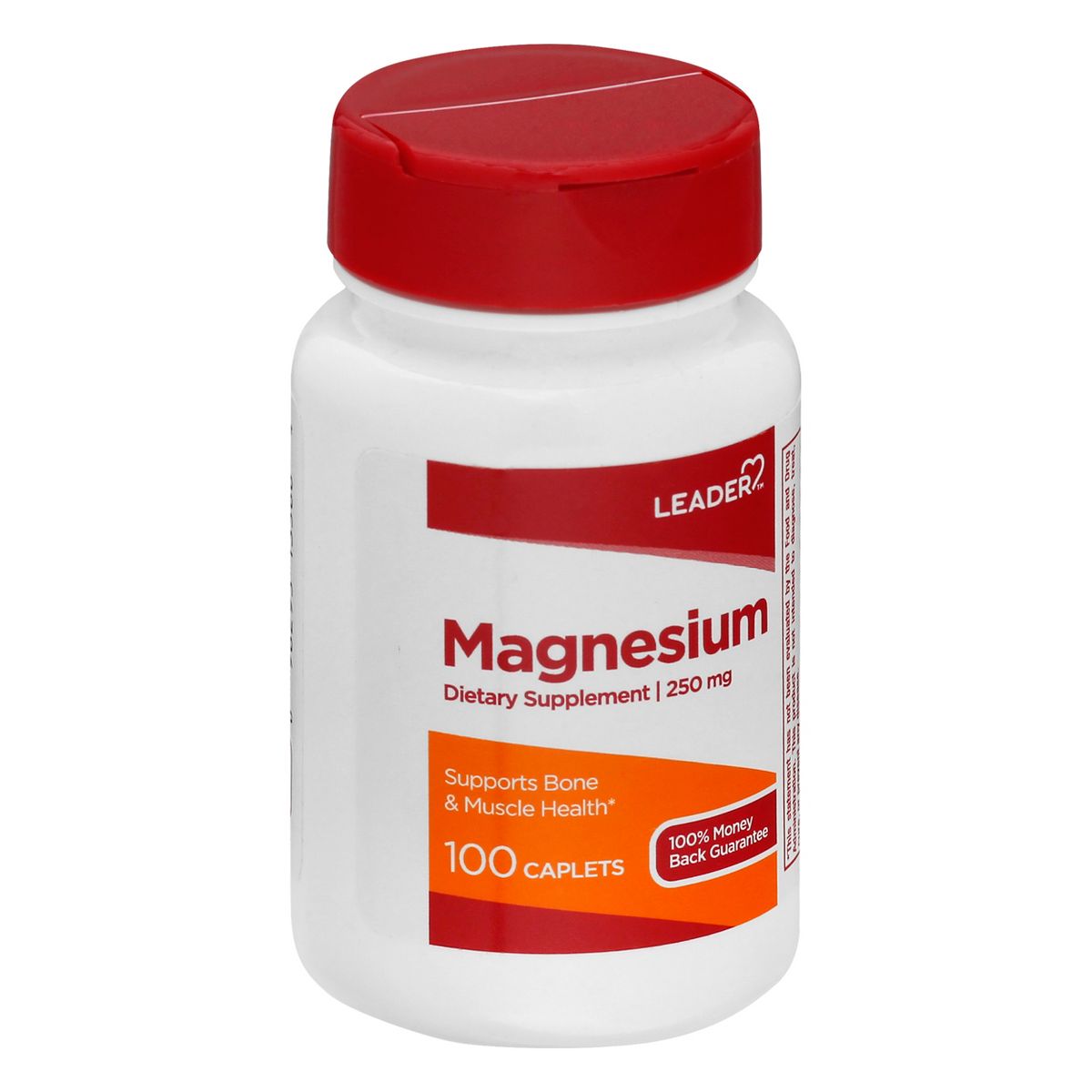 Supplement bottle labeled 'Magnesium' with a red cap on a white background