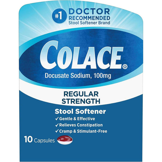 Colace stool softener packaging with blue and white design