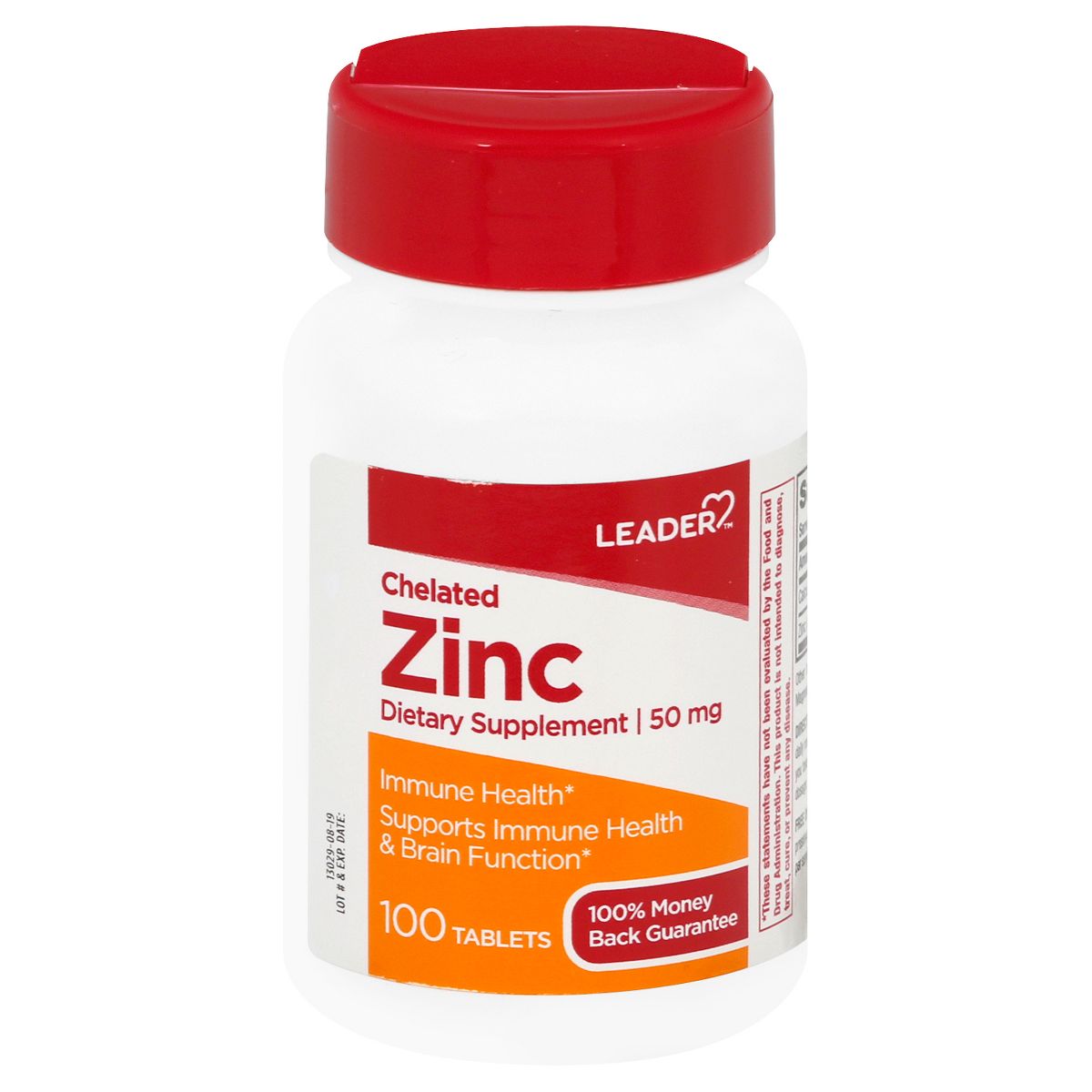 Supplement bottle labeled 'Chelated Zinc' with red and white design on a white background