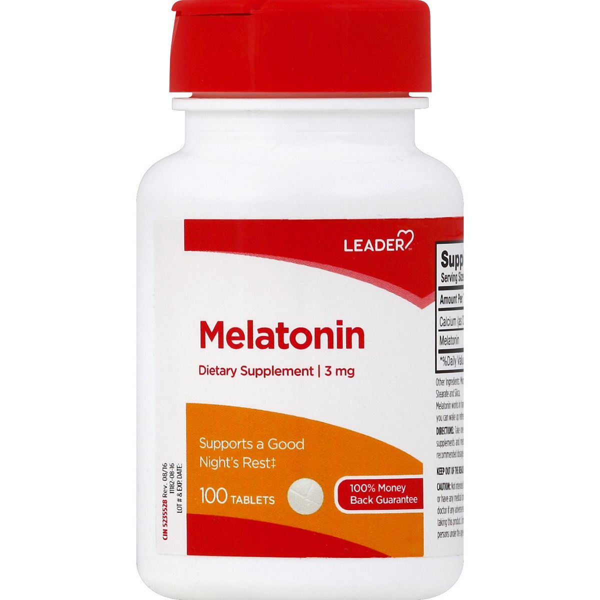 Melatonin dietary supplement bottle with red and white label on a white background