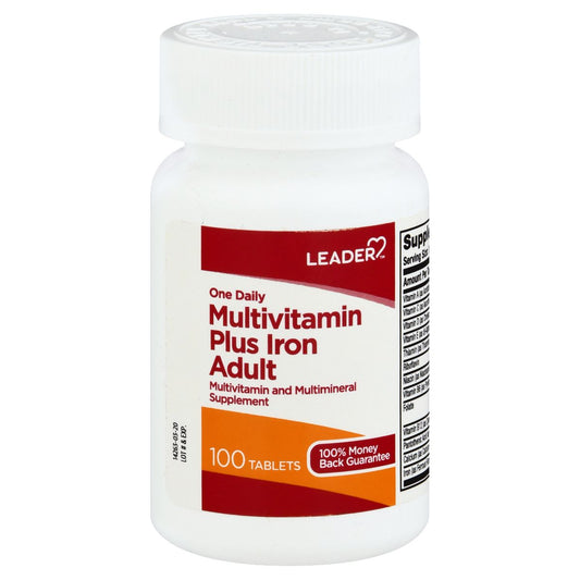 Multivitamin plus iron supplement bottle with red and white label on a white background