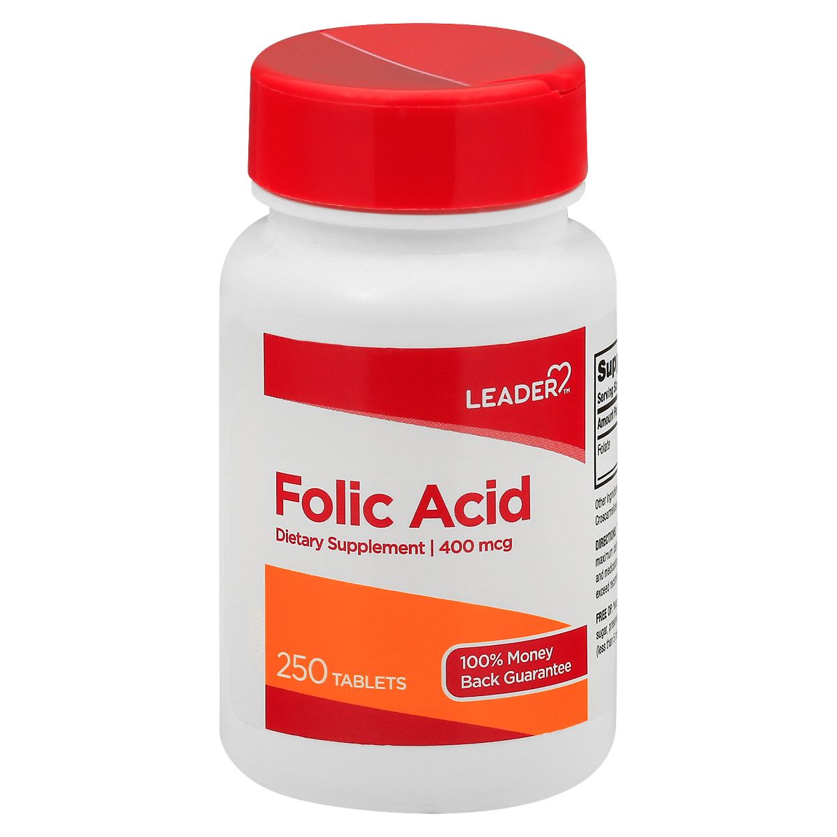 Supplement bottle labeled 'Folic Acid' with red and white design on a white background