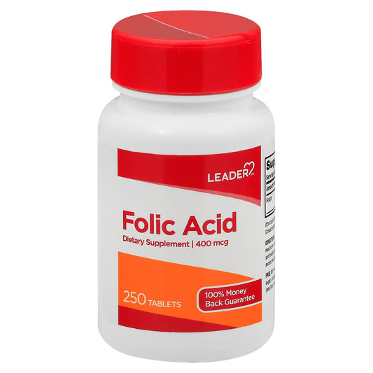 Supplement bottle labeled 'Folic Acid' with red and white design on a white background
