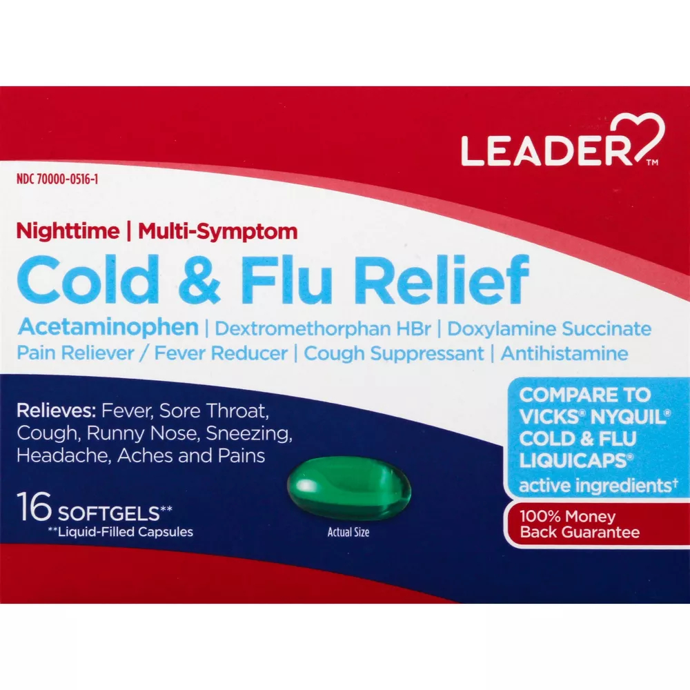 Leader Nighttime Cold & Flu Relief Softgels, 16 Count