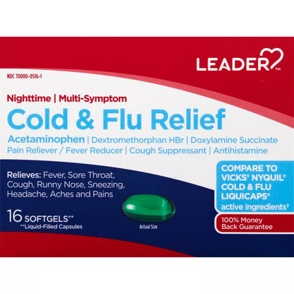 Leader Nighttime Cold & Flu Relief Softgels, 16 Count