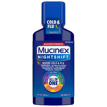 Mucinex Nightshift Maximum Strength Severe Cold & Flu, Nighttime Multi-Symptom Relief, 6 fl oz