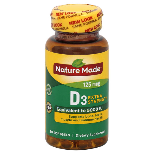 Nature Made D3 Extra Strength dietary supplement bottle on a white background