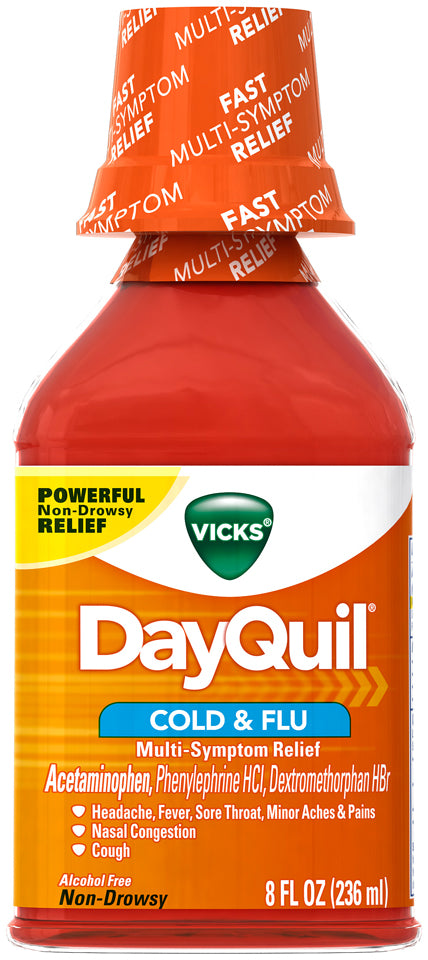 Vicks DayQuil bottle with orange cap and label on a white background