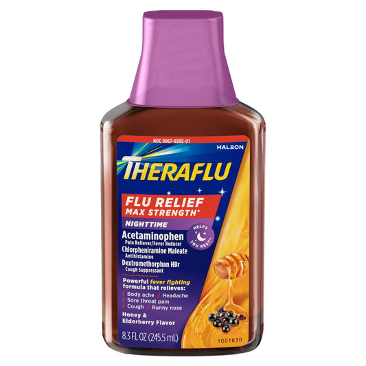 TheraFlu Max Strength Nighttime Flu Relief Syrup, Honey & Elderberry, 8.3 fl oz