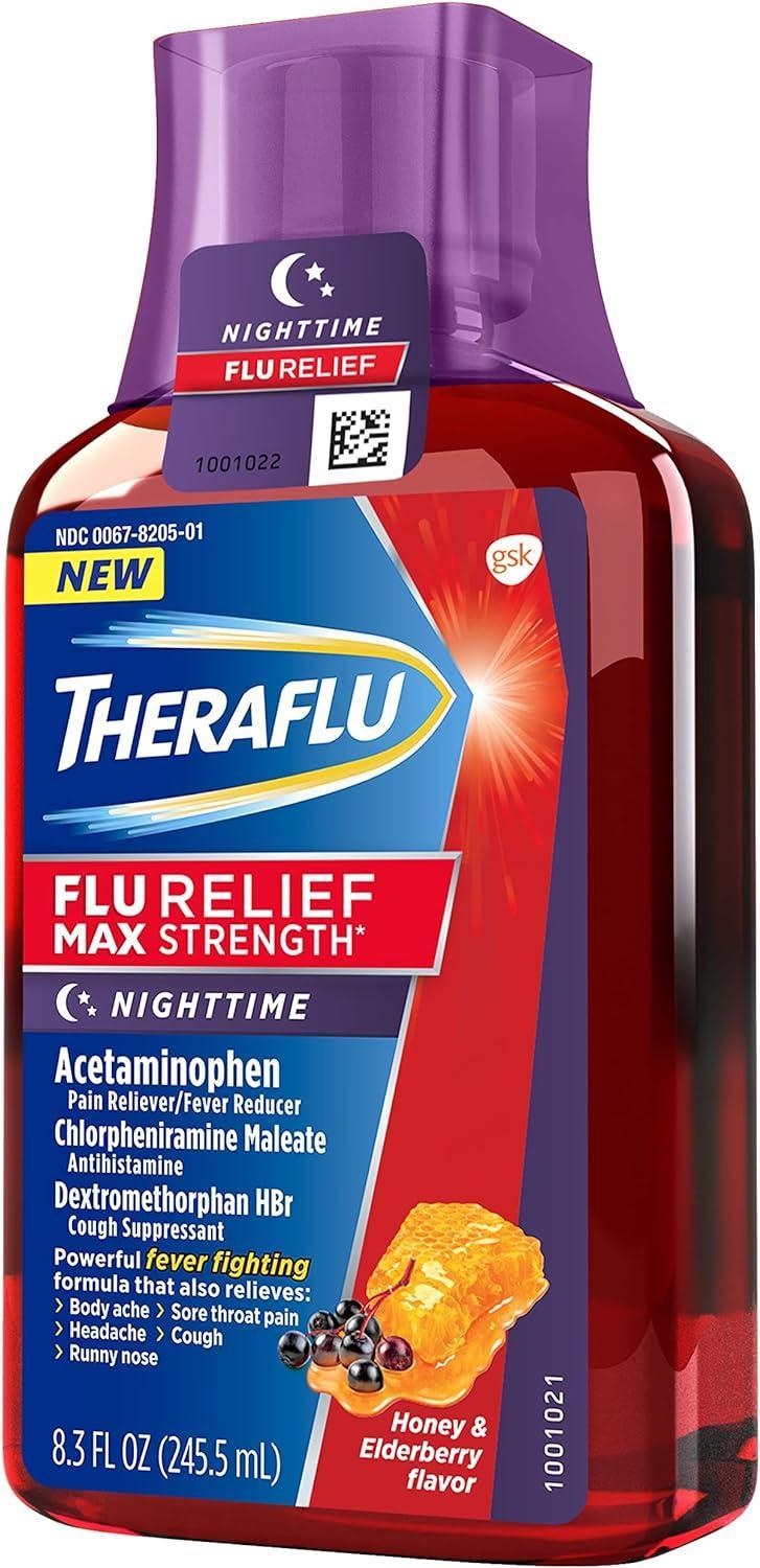 TheraFlu Max Strength Nighttime Flu Relief Syrup, Honey & Elderberry, 8.3 fl oz