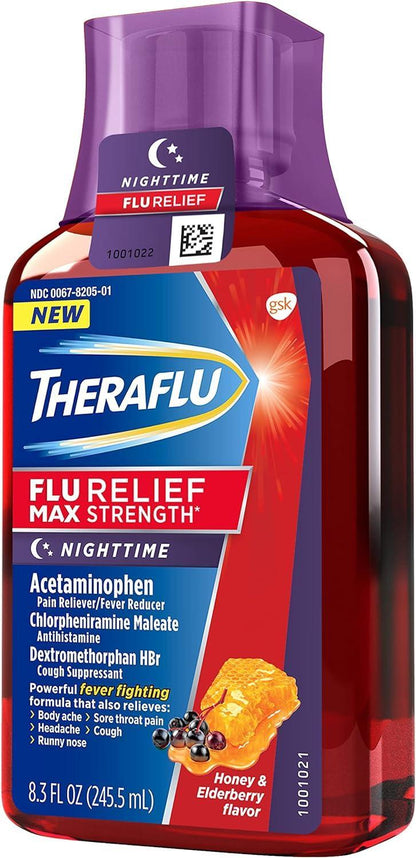 TheraFlu Max Strength Nighttime Flu Relief Syrup, Honey & Elderberry, 8.3 fl oz