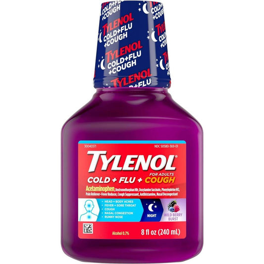 TYLENOL Cold + Flu + Cough Night Liquid Medicine, Wild Berry Burst, 8 fl oz