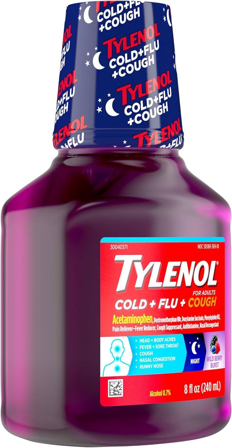 TYLENOL Cold + Flu + Cough Night Liquid Medicine, Wild Berry Burst, 8 fl oz