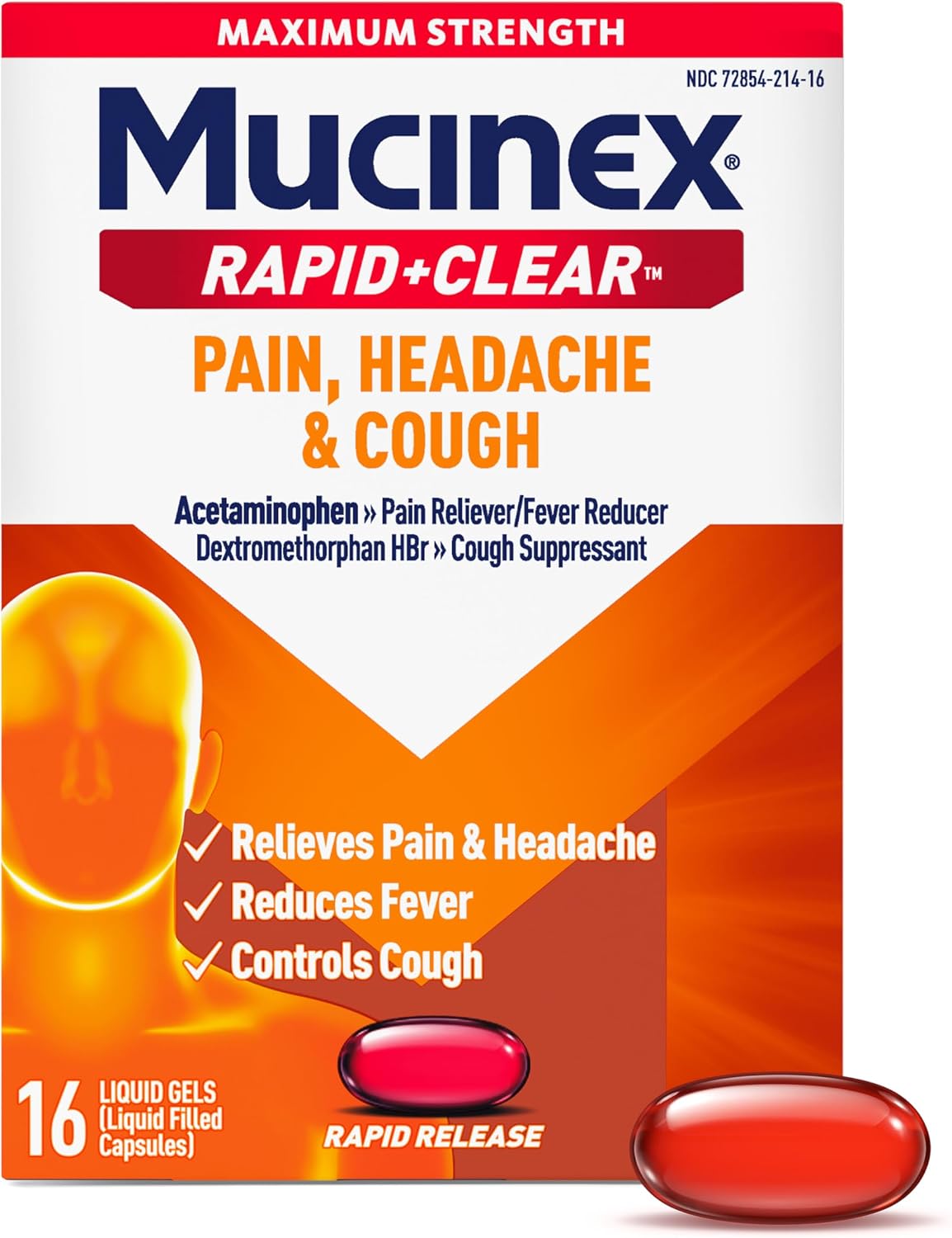 Mucinex Rapid+Clear Maximum Strength Cold & Cough Medicine, Rapid Release Liquid Gels, 16 Count