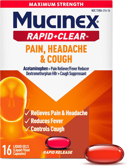 Mucinex Rapid+Clear Maximum Strength Cold & Cough Medicine, Rapid Release Liquid Gels, 16 Count