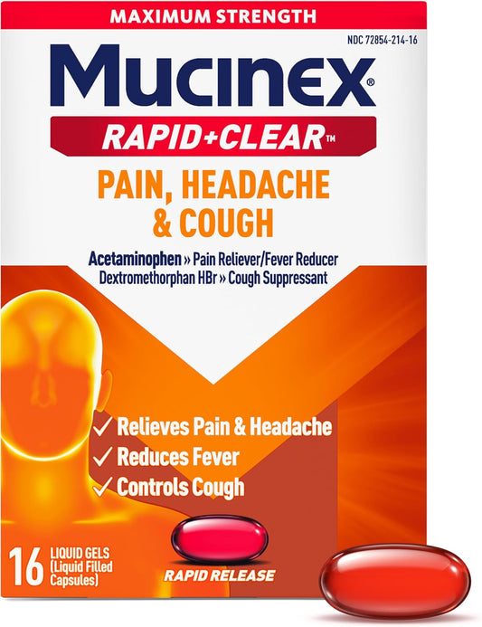 Mucinex Rapid+Clear Maximum Strength Cold & Cough Medicine, Rapid Release Liquid Gels, 16 Count