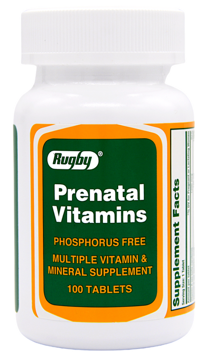 Bottle of Rugby Prenatal Vitamins on a white background
